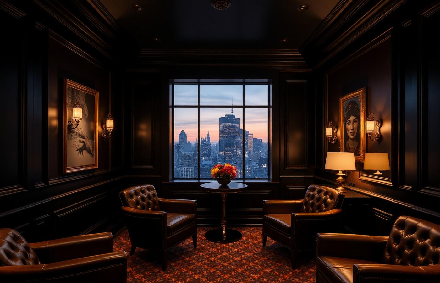 Private bank lounge interior at dusk with city skyline — the Ambassador CGPH loyalty program