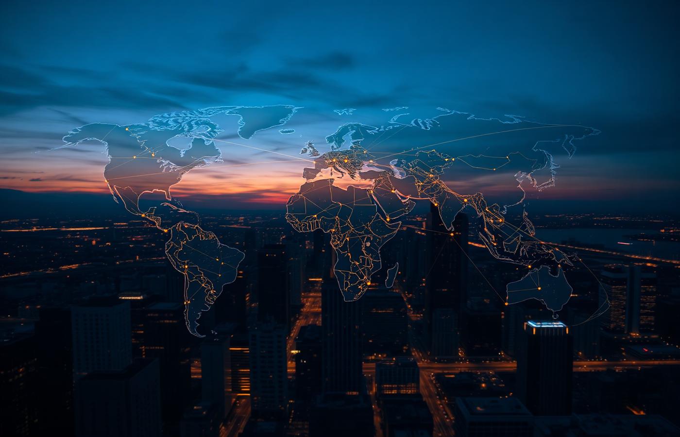 Global financial network connections over a city skyline at dusk — CGPH Group cross-border reach